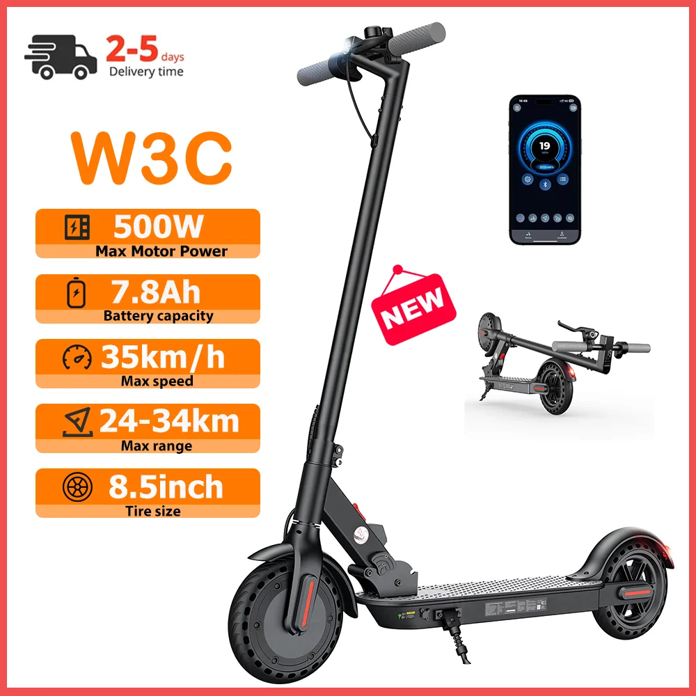 Patinete Eléctrico W3C Versión EU, Motor de 8.5” y 500W, Batería de 36V 7.8Ah, Autonomía de 24-34KM, Velocidad Máxima de 35KM/H, Neumático de Aire, Tracción Trasera, Freno de Cubo Trasero, con App