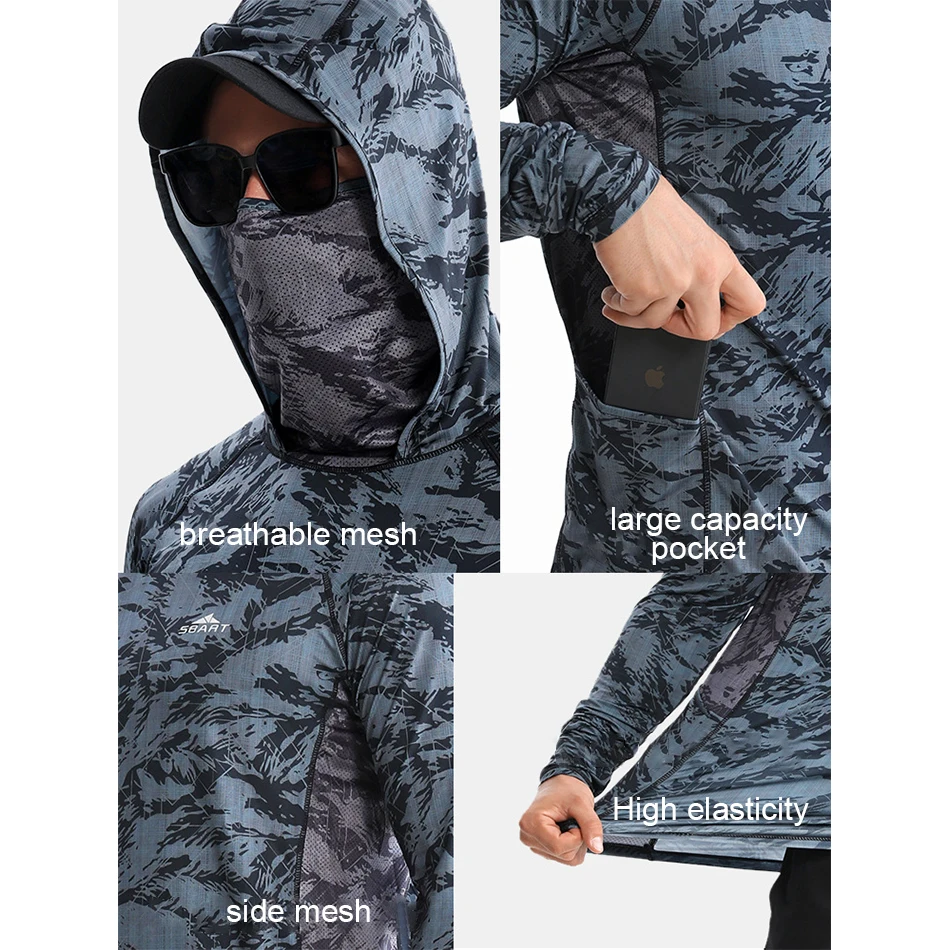 ملابس الصيد الصيفية مع غطاء محرك السيارة واقية من الشمس الجليد بارد قميص الصيد قناع الوجه UPF50 + في الهواء الطلق التجفيف السريع تنفس ملابس الصيد