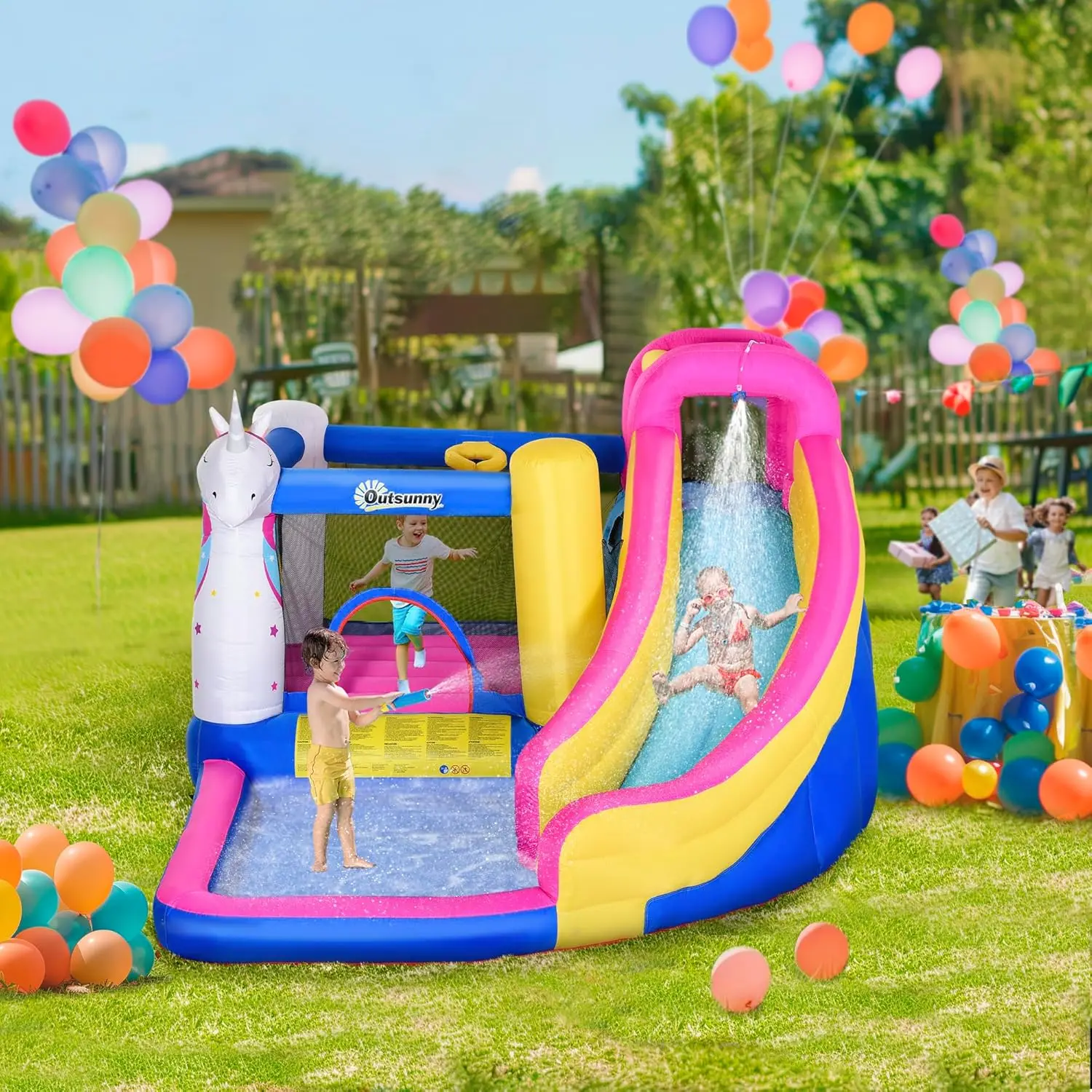 Nadmuchiwana zjeżdżalnia wodna Bounce House z trampoliną, ścianką wspinaczkową, armatką wodną, obręcz do koszykówki, brodzikiem, 450W dmuchawa, Uni