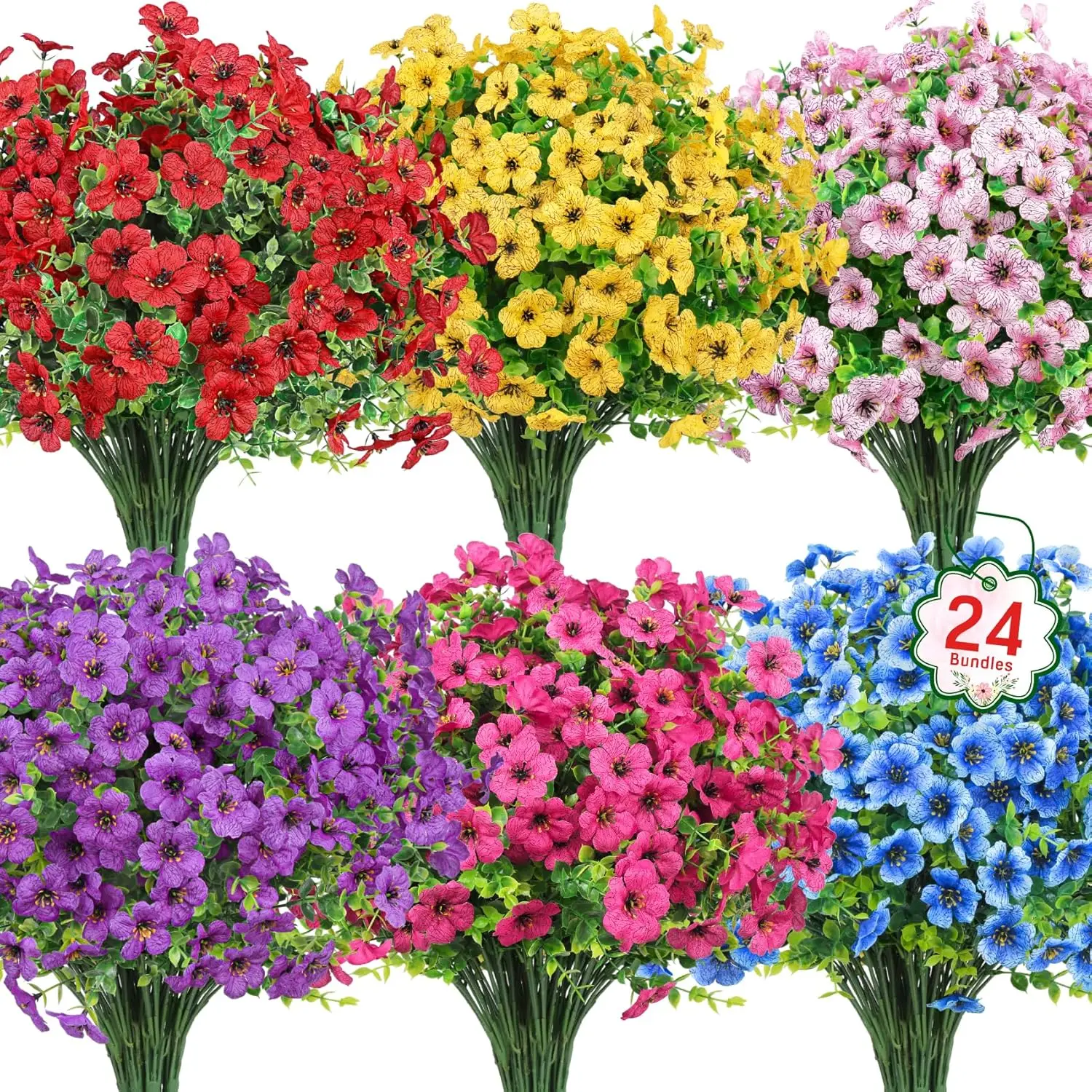 

24 Bundles UV Resistant Artificial Silk Flowers for Outdoor Garden Porch Decoration, Mixed Colors