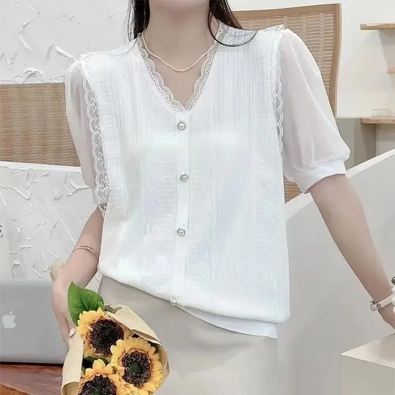 Elegante feminino decote em v rendas emendadas blusas moda verão nova gaze manga curta botão fino malha cardigan roupas femininas