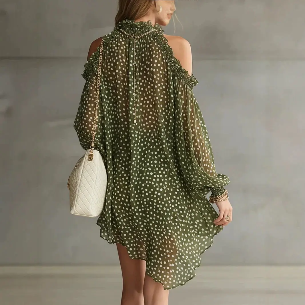 Women Polka Dot Party Cocktail Short Dress Halter Cold Shoulder Long Sleeve Loose Fit Evening Mini Dress Vestidos Mujer