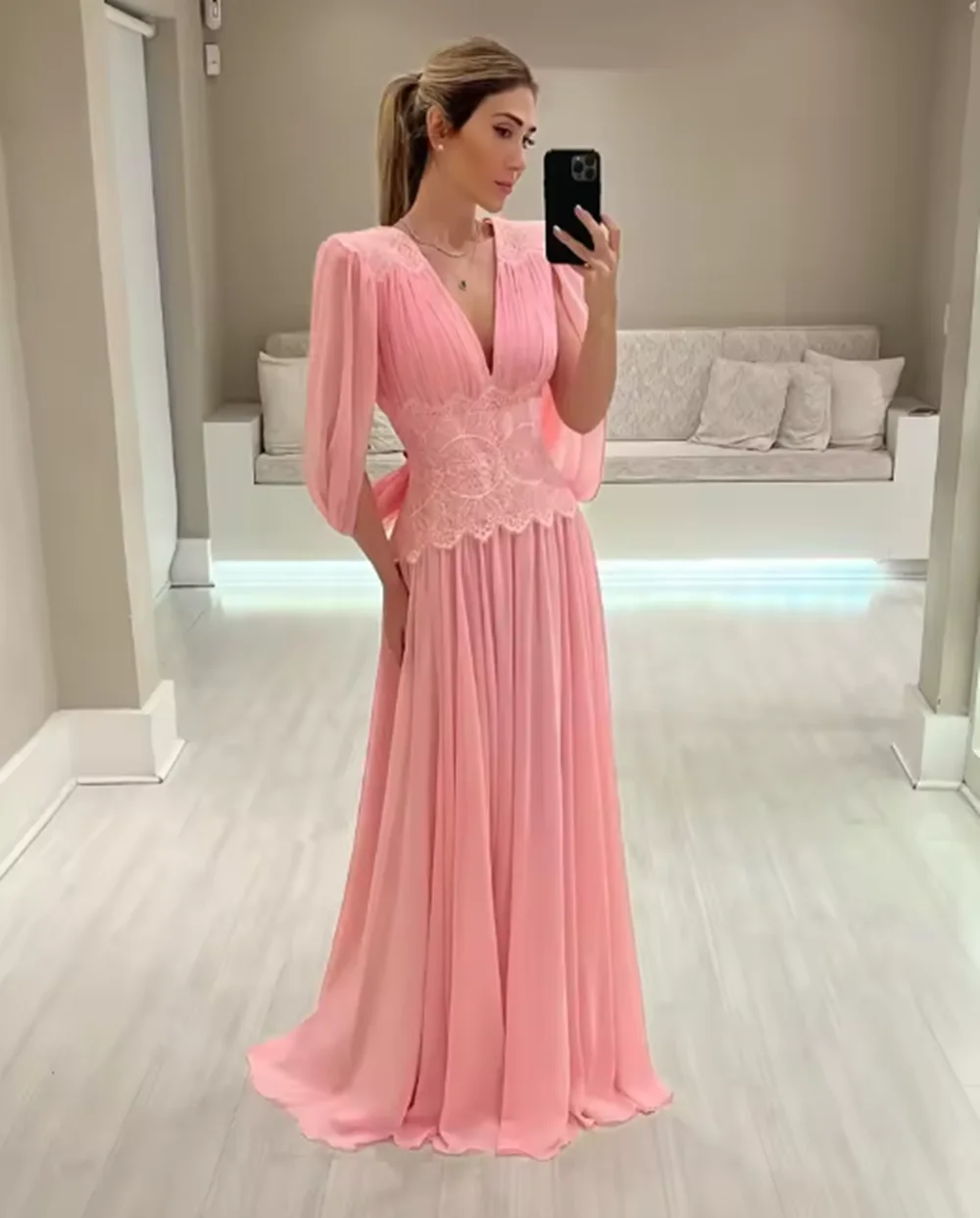 Personalizado elegante rosa mãe da noiva vestidos com decote em v capa vestido de convidado de casamento renda cintura até o chão vestidos de noite 2025