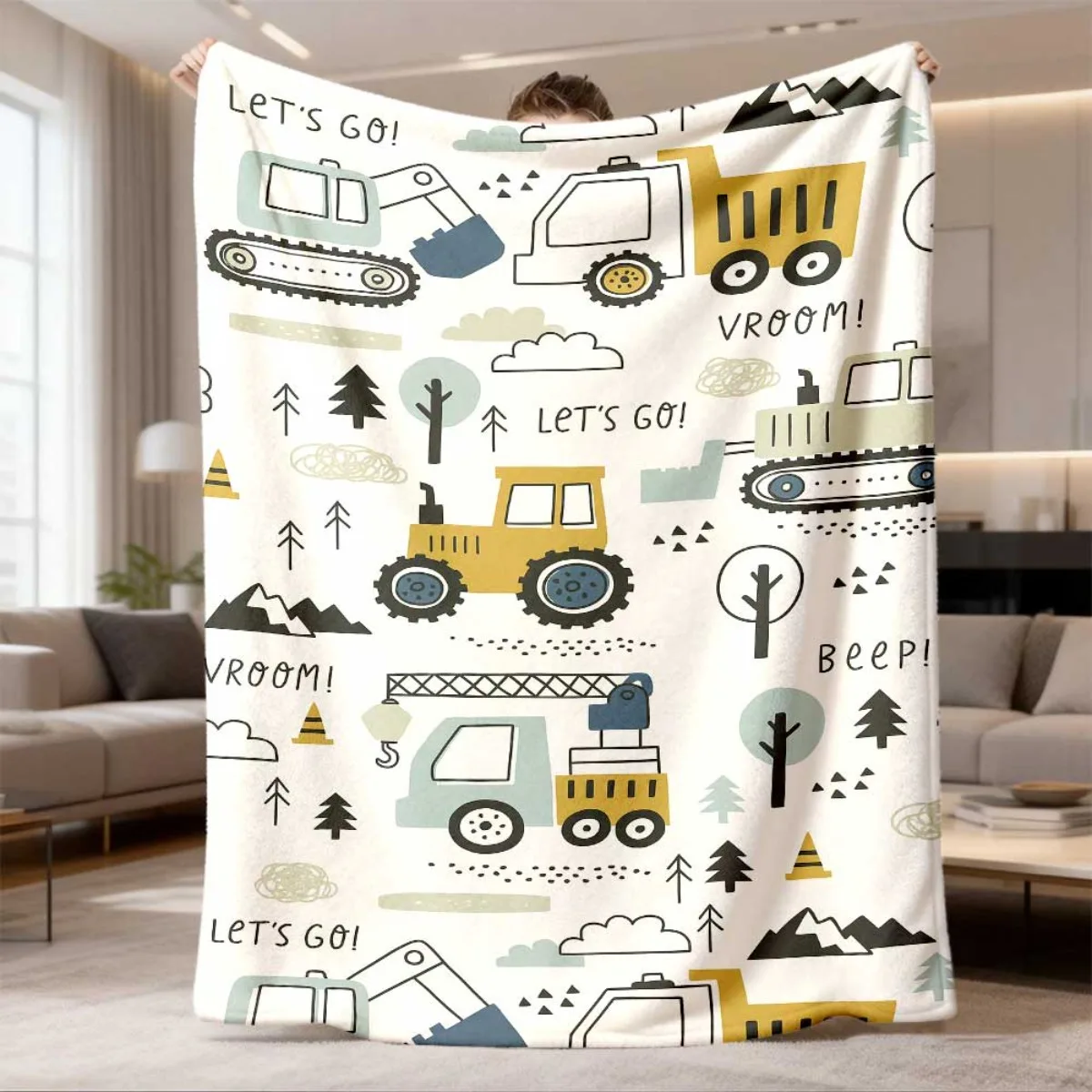 Construction Truck Art Throw Blanket, Cartoon Excavator Mountain Tree Pattern Soft Flannel Blanket for Sofa Bedroom Camping