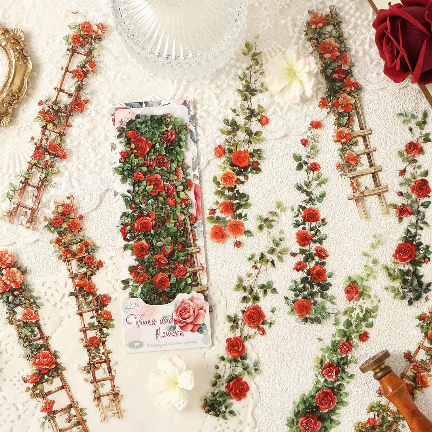 10 szt. Naklejek PET w stylu vintage z motywem róż do dziennika, scrapbookingu, estetycznego pamiętnika, dekoracji, artykułów szkolnych i artykułów papierniczych