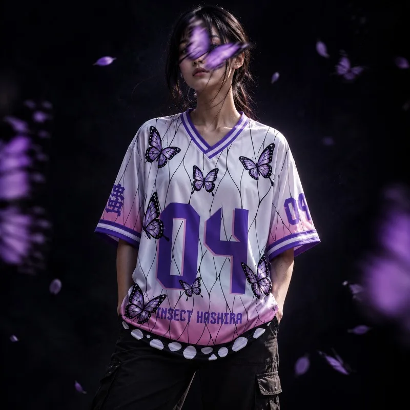 Purple Butterfly V Neck Hockey Jersey, All Over Print Mesh Short Sleeve Uniform, Unisex Anime Inspired Streetwear