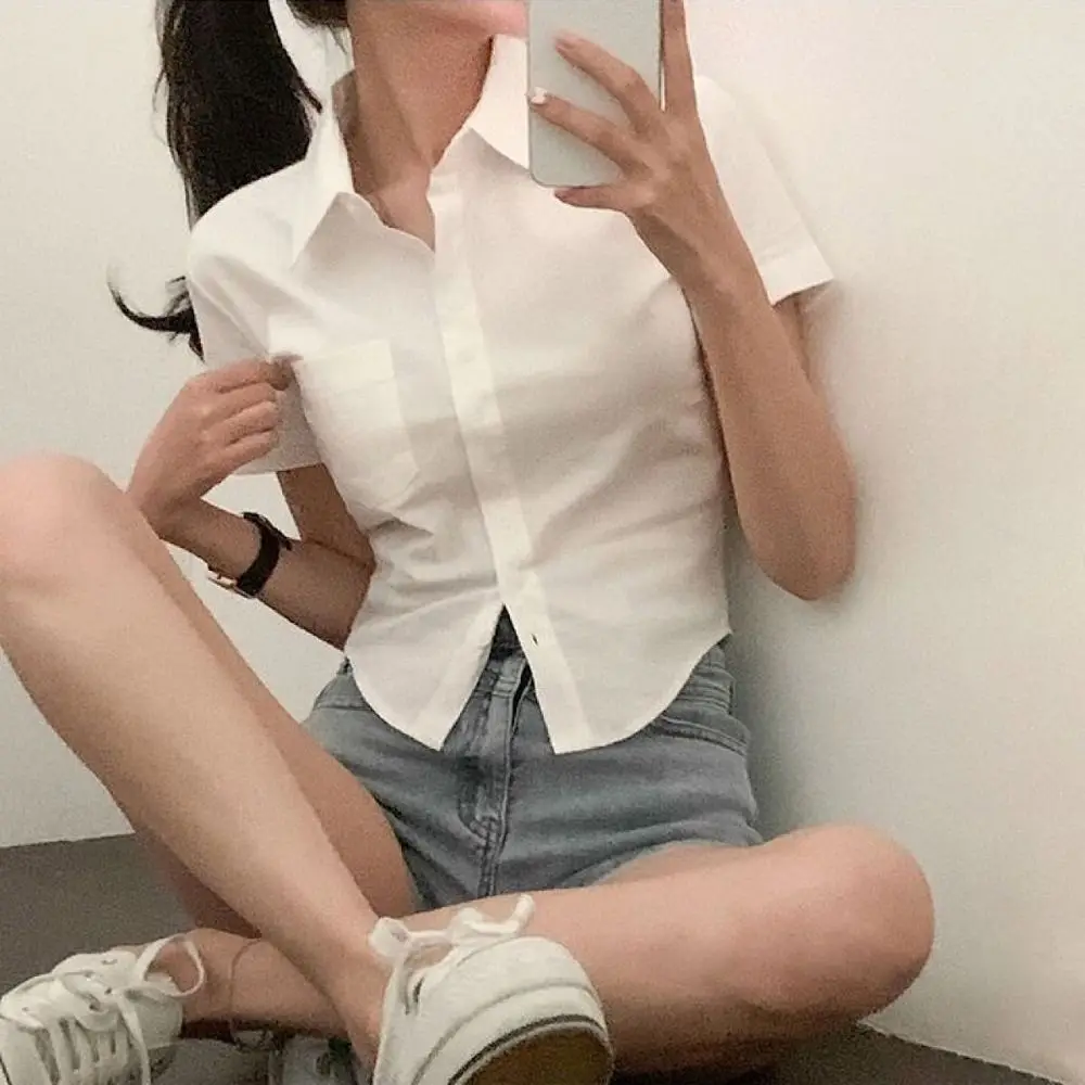 

Fashion V-neck Short Sleeve Shirts with Pocket Y2K Slim Blouse Women Streetwear Crop Top Sweet Girls Shirts Female