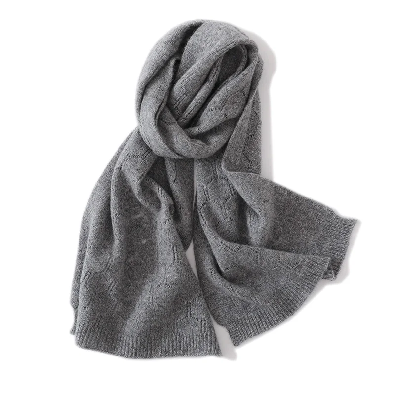 Autumn And Winter New Openwork Jacquard 100% Pure Wool Scarf Female Thin Warm Knit Solid Color Shoulder Pad Neck Scarf