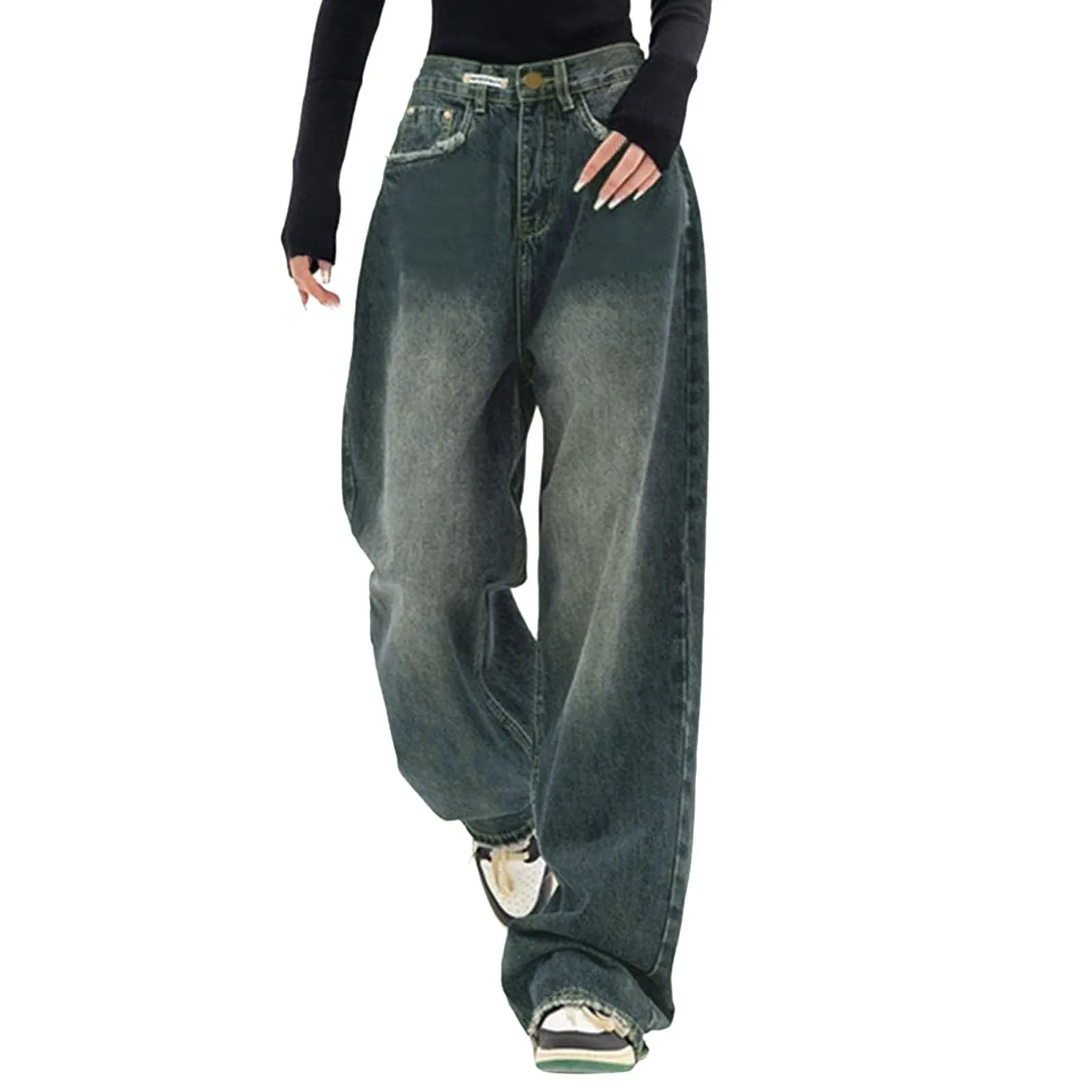 Woman High Waist Slim Fit Wide Leg Jeans Female High Street Y2k 2000s Casual Pants Lady Fashion Black Blue Loose Denim Trouserse