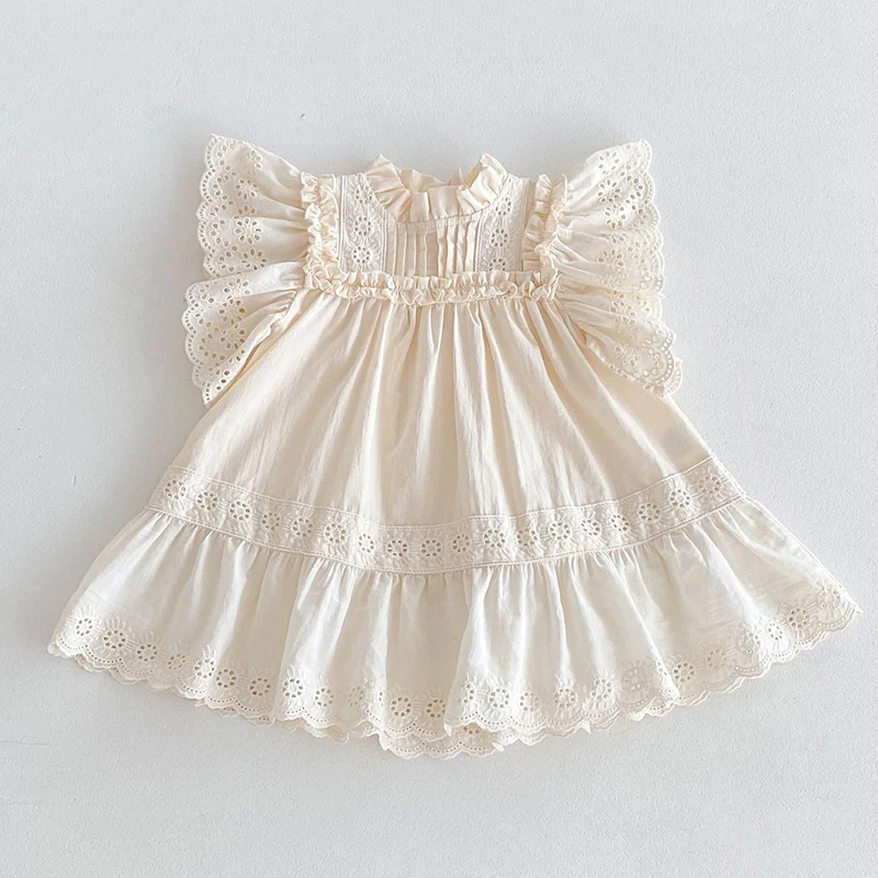 2024 New Summer Baby Girl Party Dress Children Clothes Kids Princess Dresses Flying Sleeve Cotton Lace Splicing Sister Clothing