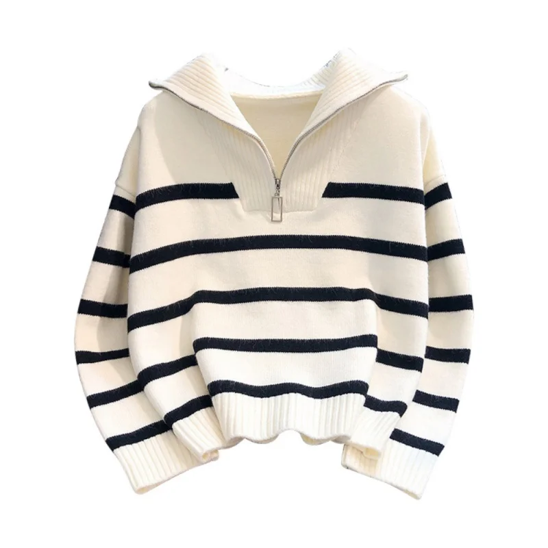 Fall Women\'s Striped Quarter Zip Lapel Sweatshirt Pullover Long Sleeve Sweater