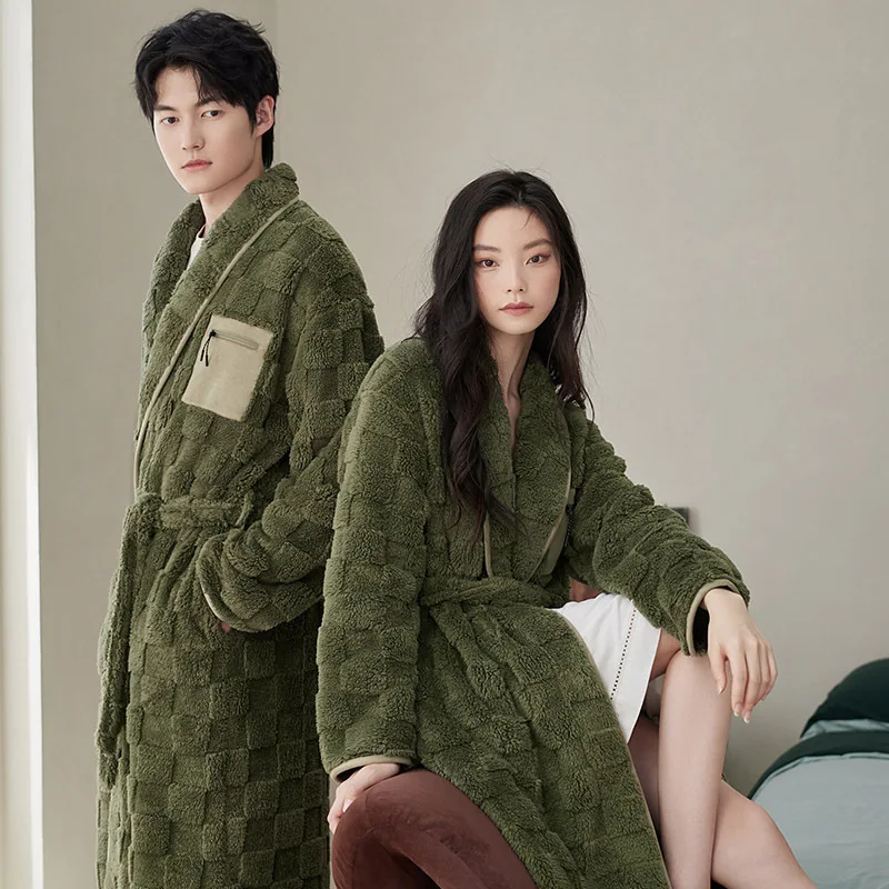 Women's Winter Bathrobe Fleece Solid Long Sleeve Warm Couple Kimono with Sashes Pockets Green Loose Dressing Gown for Female