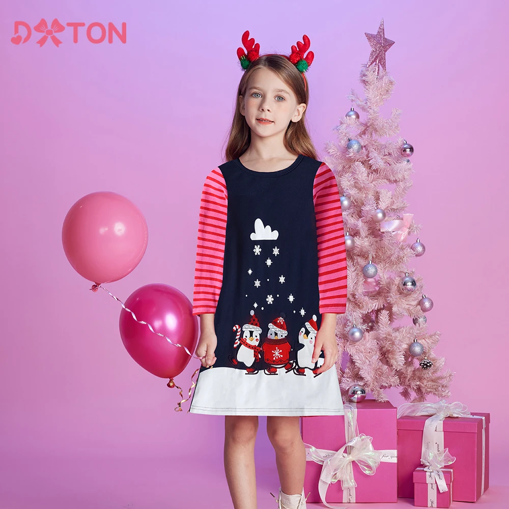

DXTON Winter Long Sleeve Kids Dress For Girls Stripe Baby Cotton Dress Christmas Party Toddler Girls Dress Snowman Print Clothes