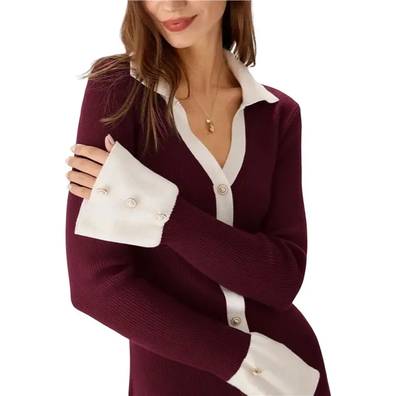 CYL-レディース長袖フリルヘムニットセータードレス、襟付きバックタイノットカットアウトミニボディコンドレス