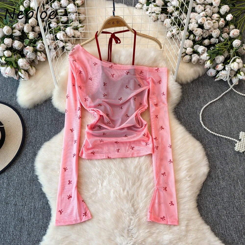 

Neploe New Korea Spice Girls Sweet T-shirt Slash Neck Halter Long Sleeve Panelled Fake Two Pieces Sexy Sunscreen Slim Smock Top