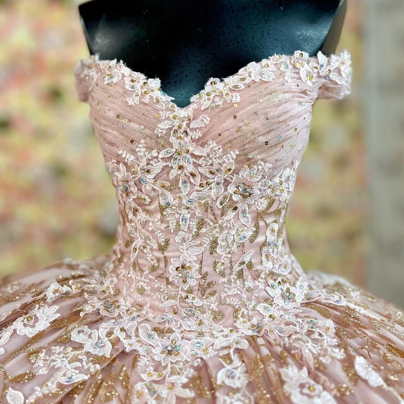 Elegant Pink Quinceanera Dress Princess Prom Gown Tulle Gold Appliques Lace Beads Sweet 15 16 Dress Birthday Vestidos De 15 Anos