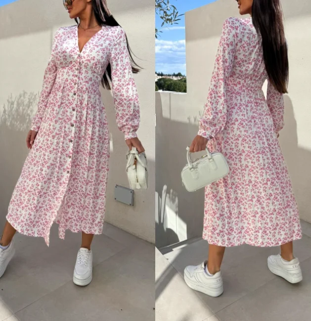 Women's fashionable casual V-neck button long sleeved floral pleated dress for spring and summer 2025 new women's clothing