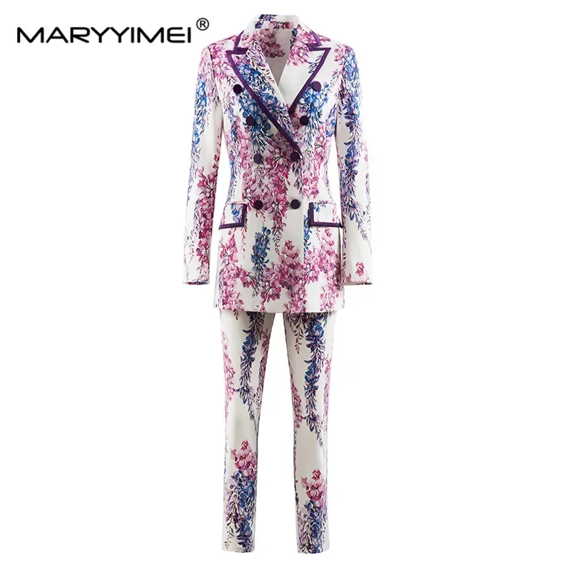 

MARYYIMEI новый осенний модный костюм высокого качества, двубортное пальто с воротником на заказ + брюки, комплект из двух предметов с принтом