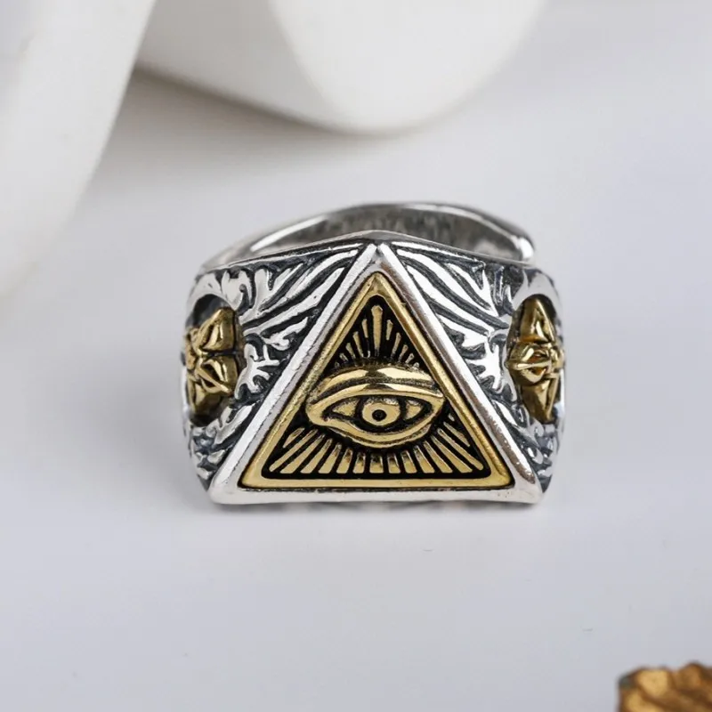 BOCAI New S925 Sterling Silver Creative Smooth Eye Of Providence Ring Adjustable Opening Men And Women.