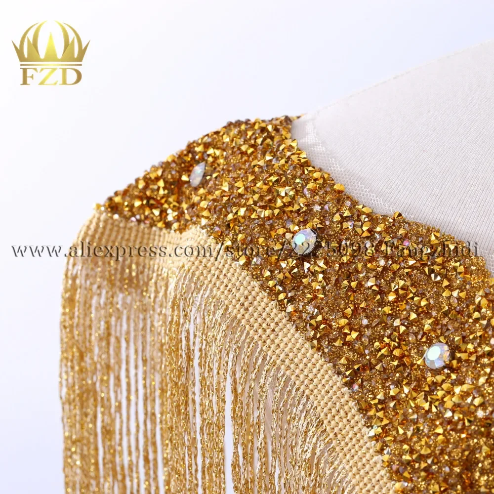 FZD 1 Piece Front&back Gold Tassel Stripes Clothes Patches for Wedding Dresses DIY Fringe Decorative Clothing Trimming Patch