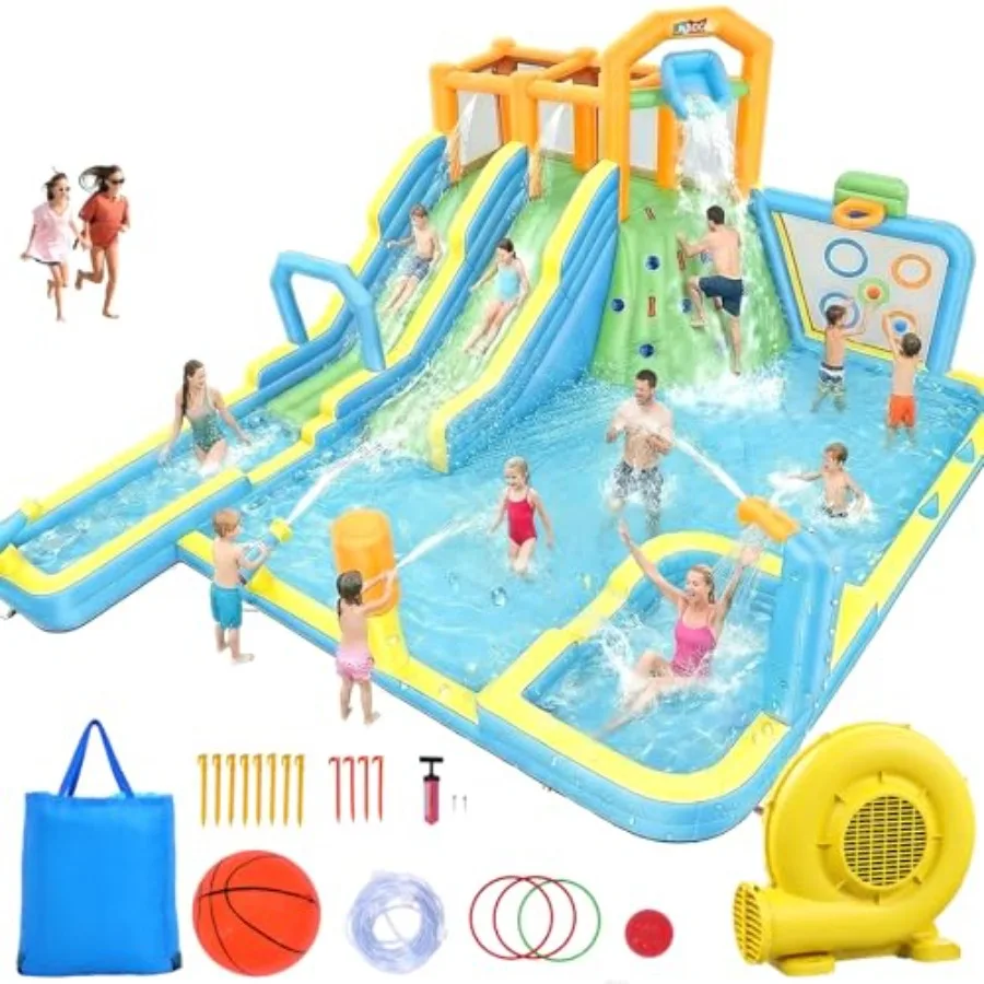 

Гигантский надувной аквапарк 21x17 футов: семейный водный комплекс с ПВХ-стеной для скалолазания, длинной двойной горкой, бассейном для игр и вентилятором 950 Вт