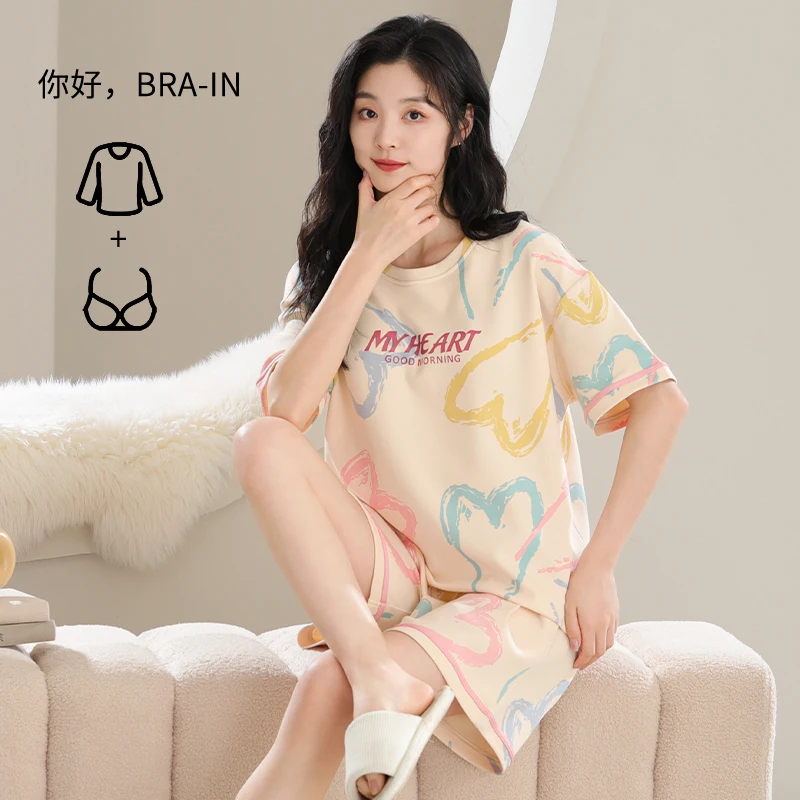 Summer Knitted Cotton Cartoon Rabbit Print Sleepwear Pajama Sets for Girl Short Suits Pajamas with Bra Padded Homewear