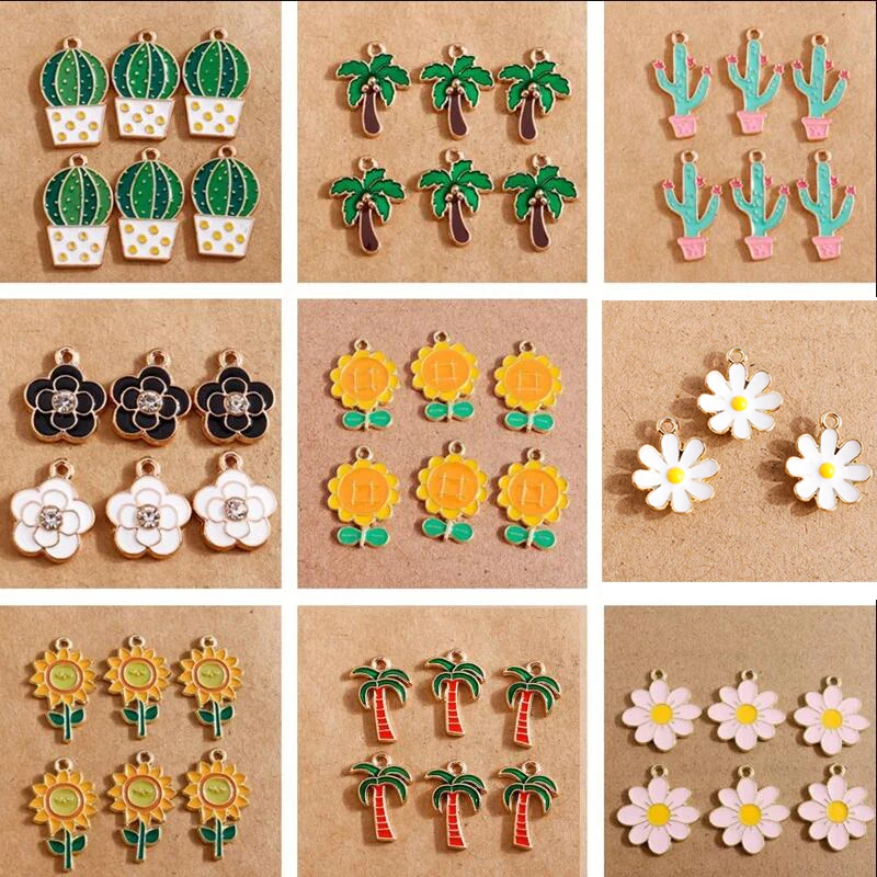 10pcs/lot Enamel Plant Charms for Jewelry Making Cute Rose Flower Sunflower Tree Cactus Charms for DIY Pendants Necklaces Gifts