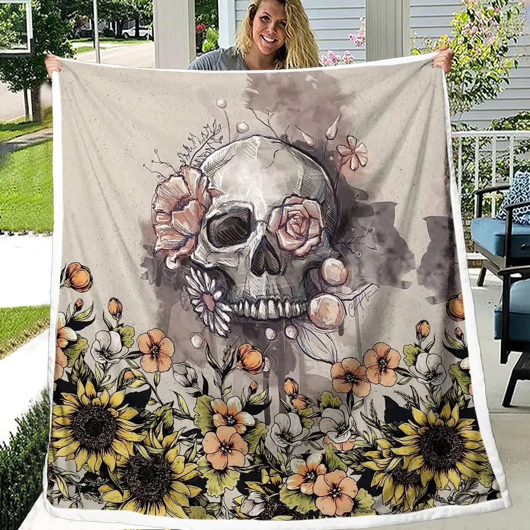 Watercolor Sunflower Skull Sherpa Fleece Blanket 60x80 Inches, Soft Warm Plush Throw Blanket Fleece Fuzzy Lightweight