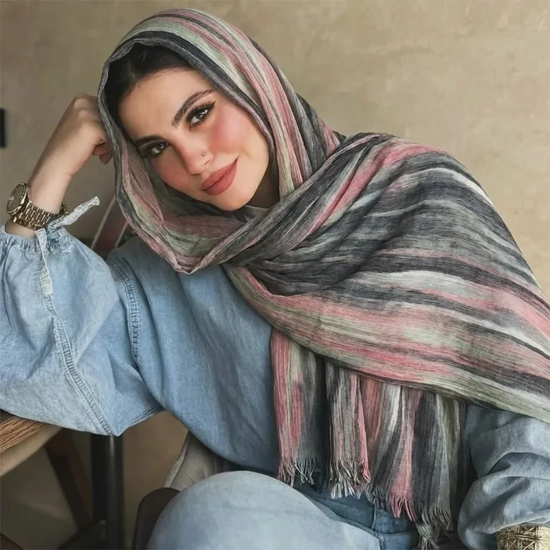 Fashion Print Ramadan Watercolor Hijab Cotton Rayon Scarf Crinkle Design Shawl Middle Eastern Wrap Popular Dubai Headwrap