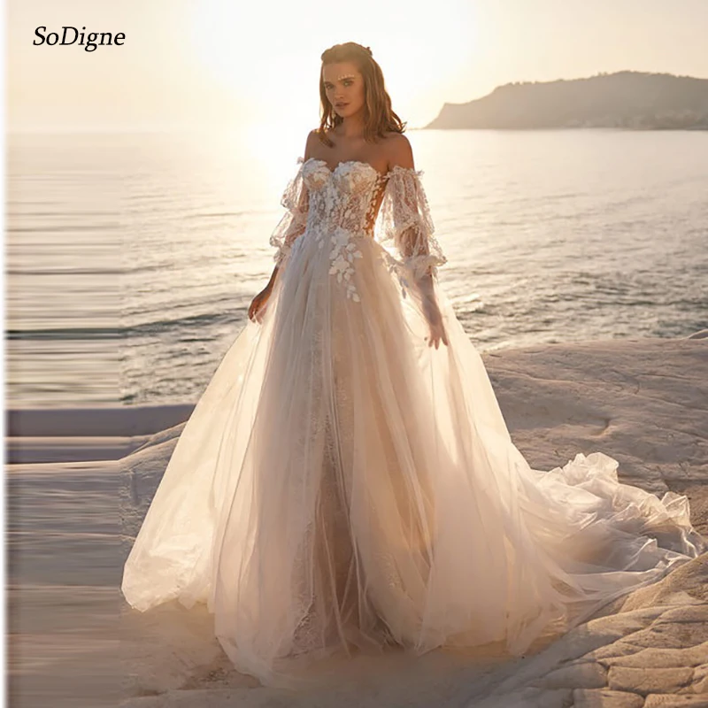 SoDigne A-line Tulle Boho Wedding Dresses Detachable sleeves Sweetheart Appliques Wedding Gown Long Bridal Dress Robe De Mairee