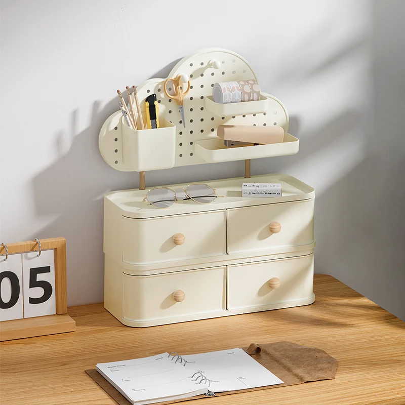 

Beige Cloud Shaped Desk Organizer 4 Drawers Multi Functional Storage Unit Pegboard Compartments for Stationery Office Supplies