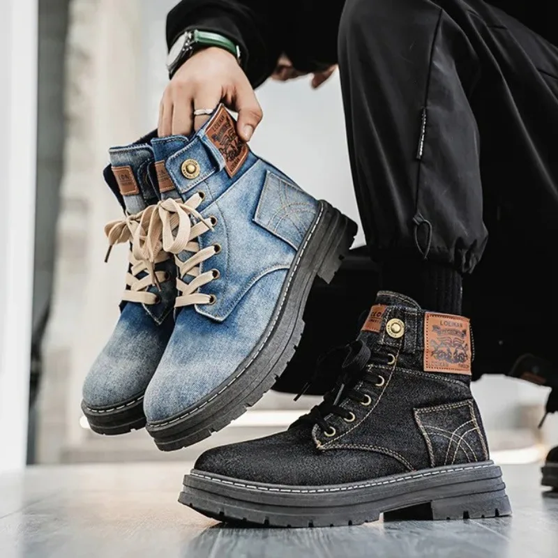 أحذية رجالية عالية الجودة جديد 2025 الدنيم أحذية الدانتيل المشي أحذية السفر للرجال منصة الموضة حذاء من الجلد أحذية رجالي Zapatos