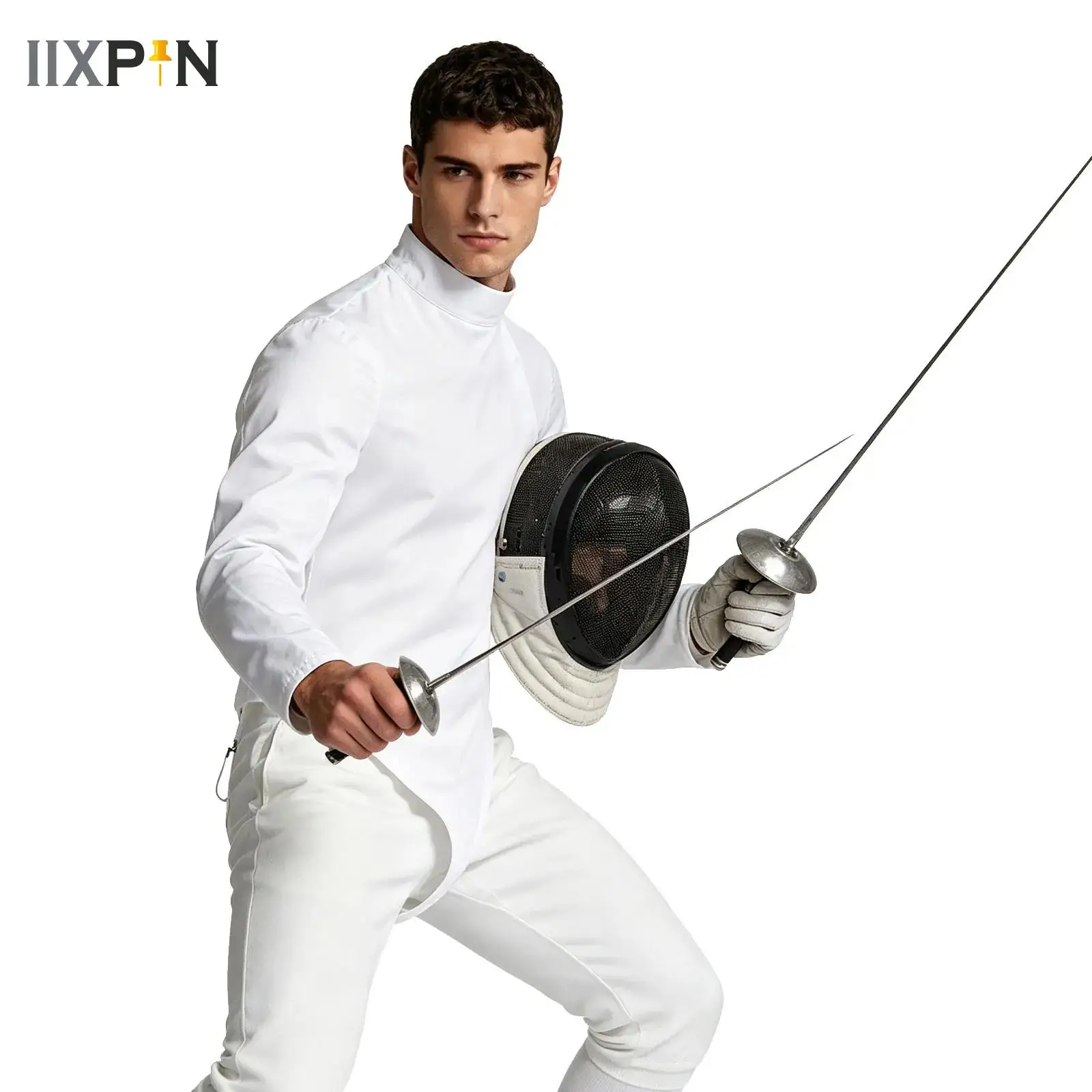 Men Adult Fencing Uniform Tops Bodysuit Long Sleeve Side Front Zipper Buckle Crotch Leotard for Training Competition Performance