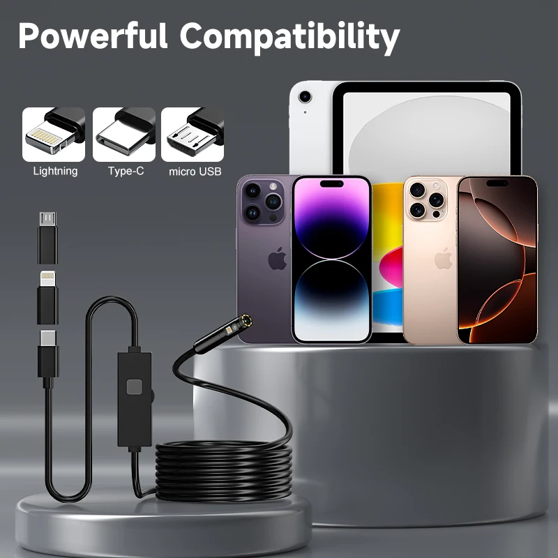 3 in 1 Industrial Endoscope for iOS/Type-C/Android 8mm Direct Connect Phones Borescope Dual Camera 1080P for Inspect Pipe Sewer