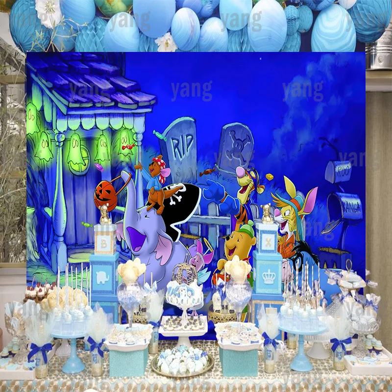 Disney Cartoon Halloween Party Decoratie Iejoor Winnie Beer Tigger Knorretje Eeyore Pompoen Blauw Foto Achtergrond Achtergrond Banner