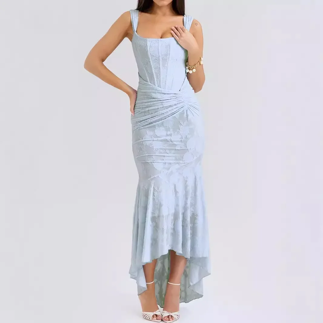 Vestidos sexis sin mangas de satén liso de encaje para mujer, camisola de espina de pescado para mujer, vestido ajustado de cola de pez, batas de noche sólidas francesas