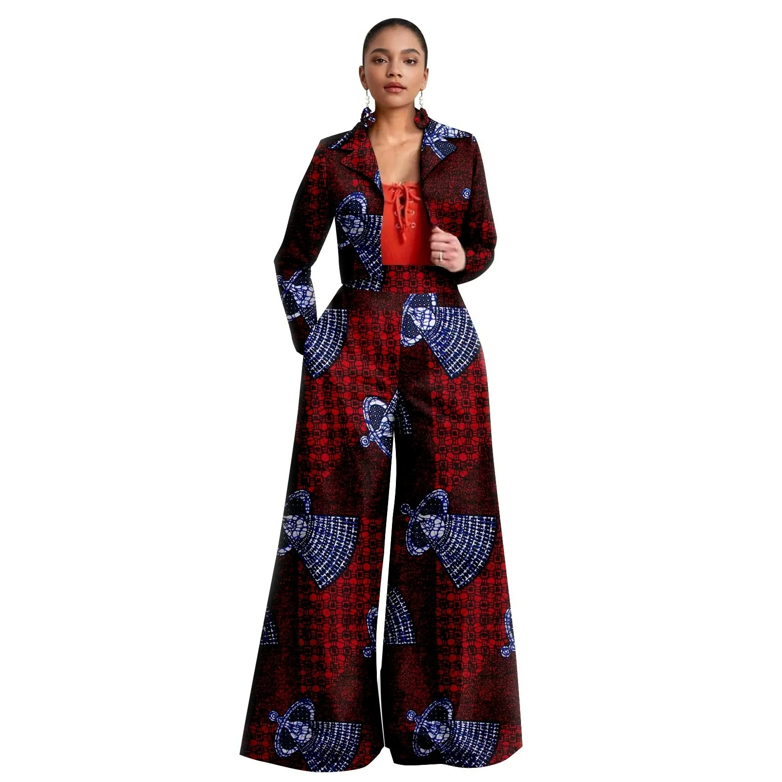 

African Women's Ankara Printed Full Sleeve Top and High-waist Floor-Length Pants Two-piece Suit with Earrings Dashiki Office Set