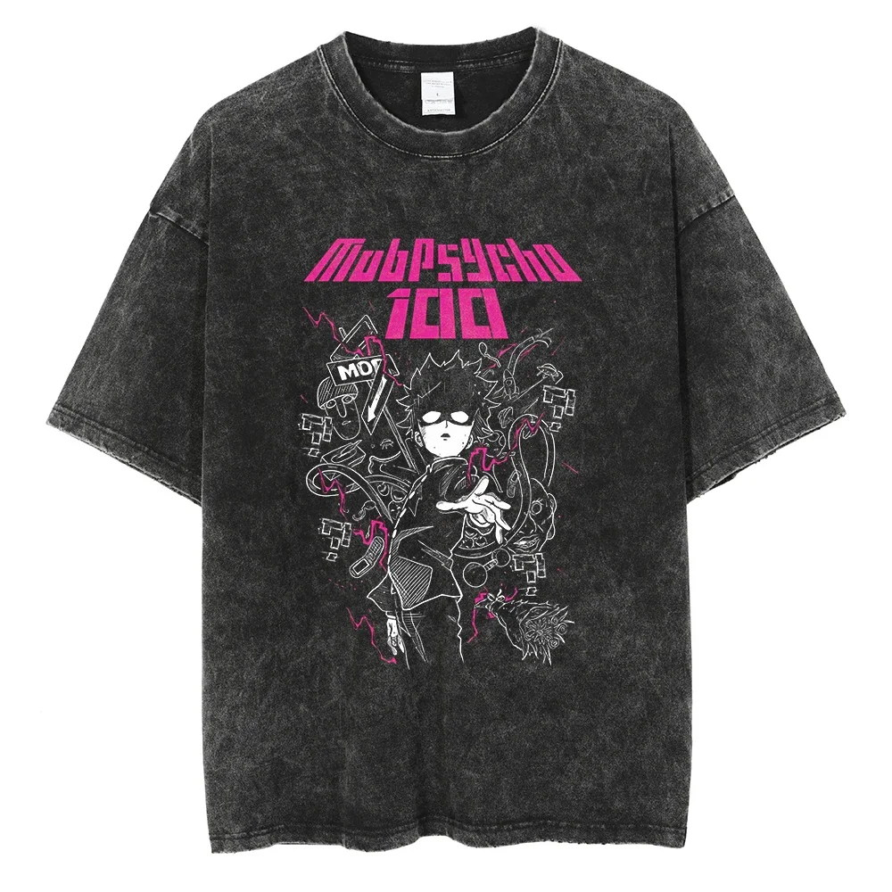 2026 summer Mob Psycho 100 Shigeo & Dimple Washed Anime T-shirt Harajuku Streetwear Oversized Short Sleeve Tee view 5