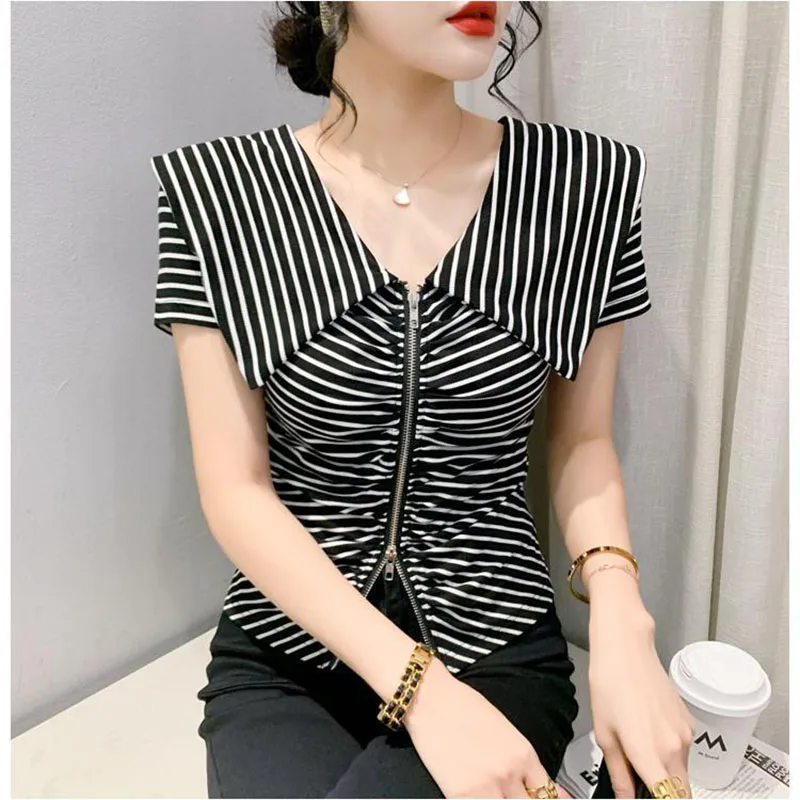 Fashion Zipper T-Shirt Women's Short Sleeve Summer Style Design Navy Collar Versatile Half Sleeve T-Shirt Solid Color Shirt Shir