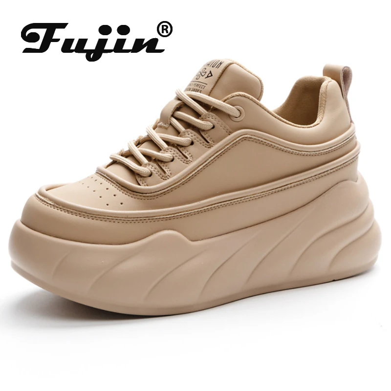 Fujin 6.5cm prawdziwa skórzana platforma buty klinowe wiosenne jesienne buty do kostek masywne trampki damskie wygodne buty