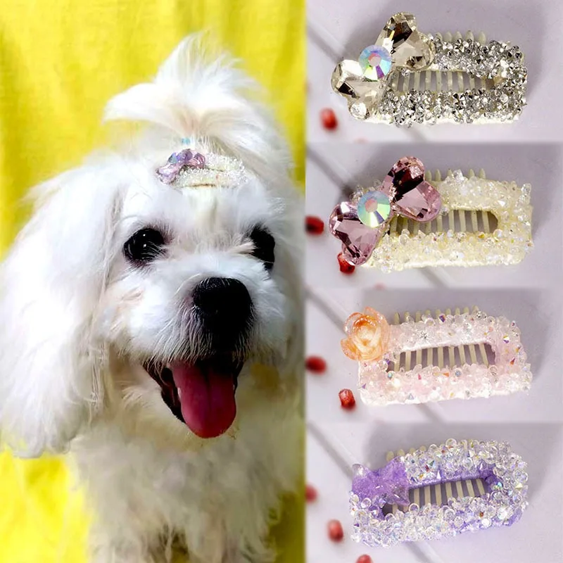 Full Rhinestone Handmade Hair Clips Dog Headdress Barrettes For Yorkshire Maltese Small Puppy Pet Grooming Beauty Accessories