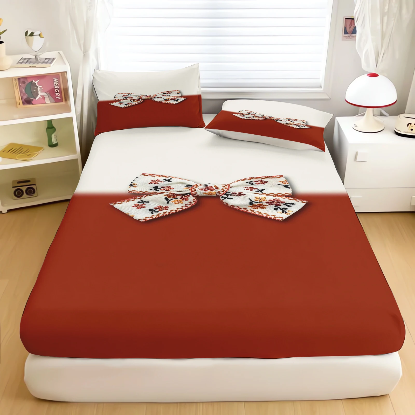 Romantic Bow Fitted Sheet Cute and Pillowcase, Pink 3D Bedding Set, 100% Microfibre, 135 x 200 cm, for Boys and Girls