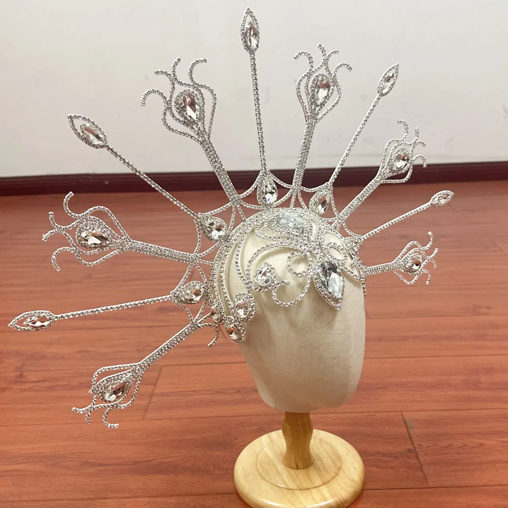 CUIER Huge Size Peacock Rhinestone Headpiece Hair Jewelry for Women Crystal Hat Accessories for Fashion Show