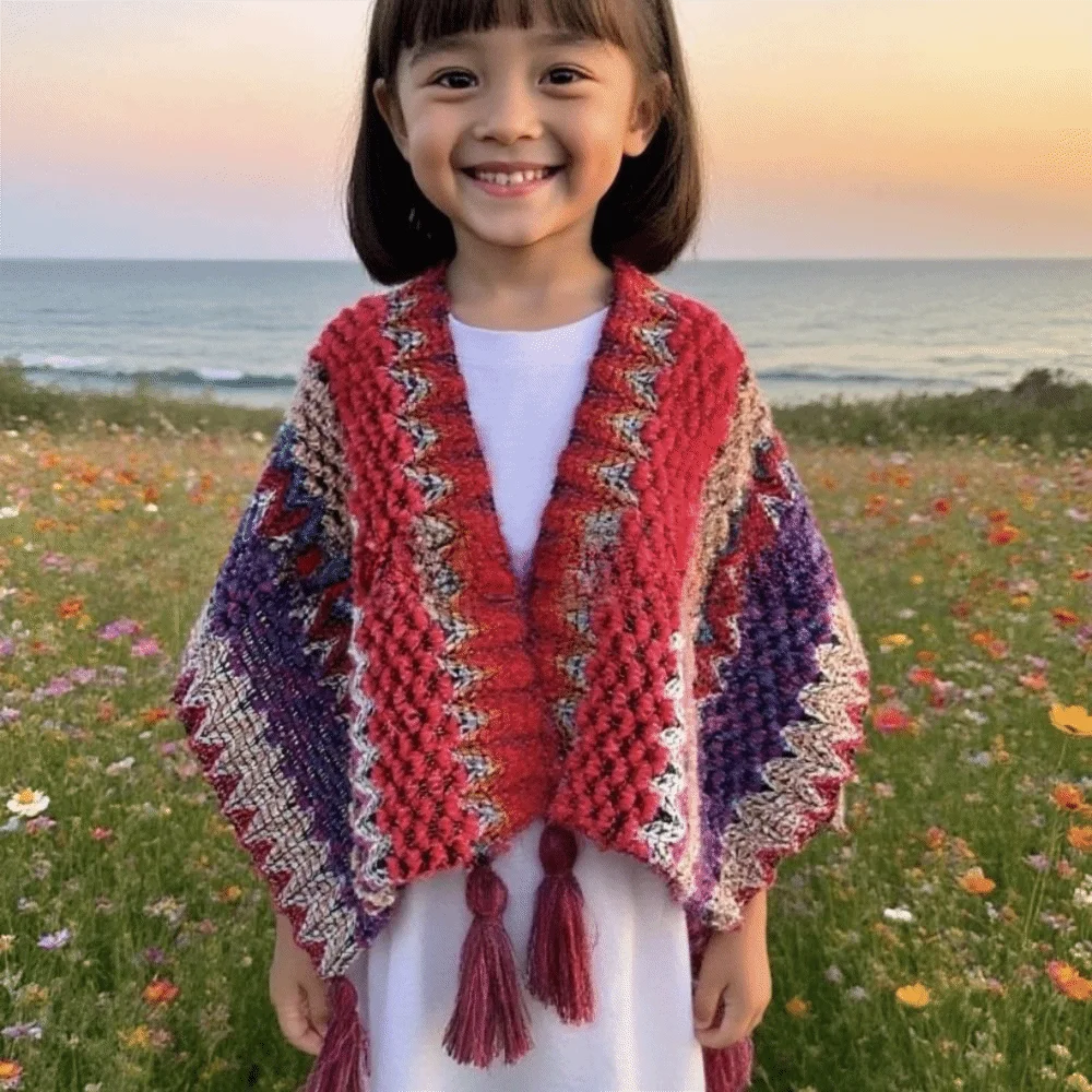 

Fashion Winter Warm Kids' Mongolian Poncho Ethnic Style Artificial Wool Knitting Wraps Striped Knitted Cape For Children