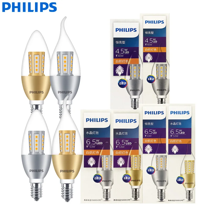 فيليبس LED كريستال B35 BA35 شمعة لمبات E14 4.5 واط 6.5 واط ضوء فضي ذهبي قاعدة اللون 2700 كيلو دافئ لينة مصابيح الثريا المنزل