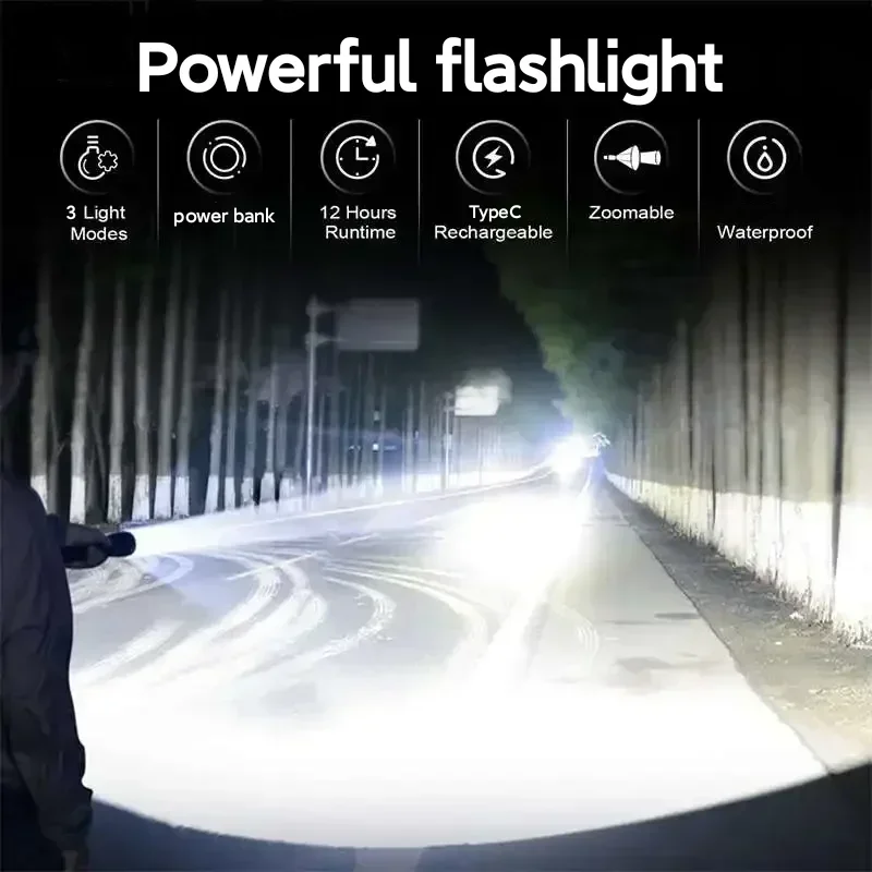 High Power LED Flashlight Type-C Rechargeable Torch 3 Modes Zoom Light Outdoor Waterproof Lantern for Emergencies Camping Hiking