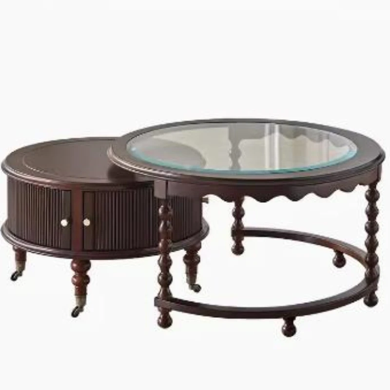 

American Retro round Solid Wood Tea Table Combination Living Room Home French Small Apartment Simple Modern