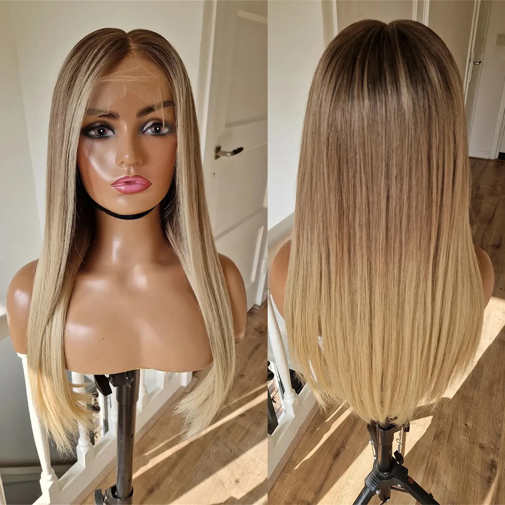 Swiss HD Lace Wig 13x4 Lace Front Light Blonde Balayage Wig Futura Synthetic Fibre Glueless Soft Straight Wig with Ash Roots