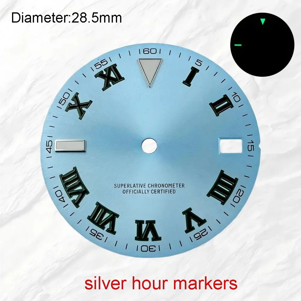 28.5mm  NH35 S Logo Dial Ice Blue Silver Gray-Green Wimble_Don Dial for NH35 Movement Green Lumen  Date_Just  Watch Accessories