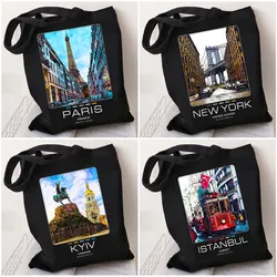 Amsterdam New York Paris Barcelona Lisbon Kyiv Cairo Istanbul Madrid Women Canvas Cotton Tote Bags Eco Shoulder Shopper Handbags